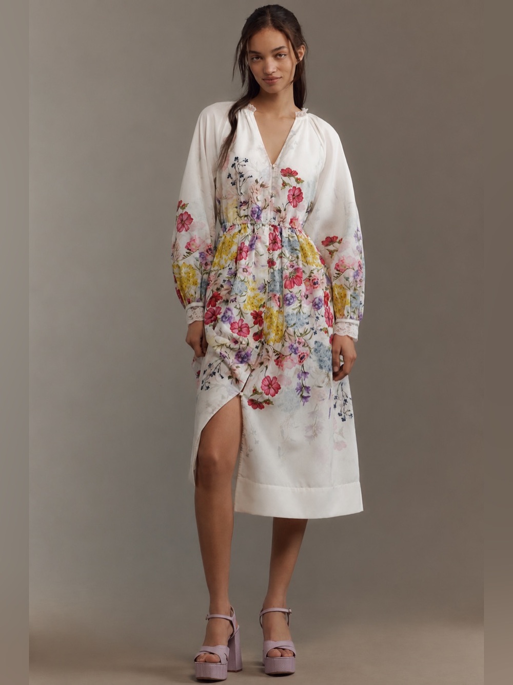 Anthropologie Let me be long sleeve V neck floral A-line midi dress